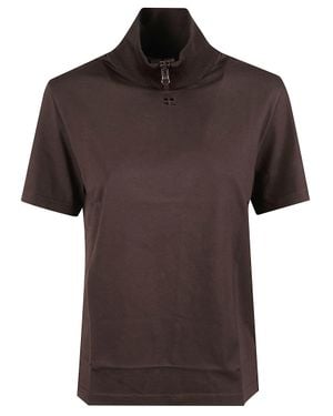 Courreges Ribbed Collar Short-Sleeve Zipper T-Shirt - Brown