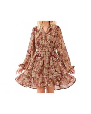 Mittoshop Boho Paisley Print Smocked Waist Ruffle Mini Dress - Brown