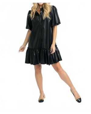 Karlie Pleather Puff Sleeve Ruffle Dress - Black