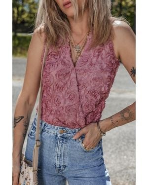 TRUEDAMES Floral Textu V Neck Wrapped Sleeveless Bodysuit - Red