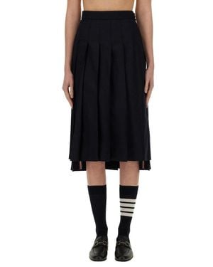 Thom Browne Mid-Calf Pleated Skirt With Side Button Closure - Black