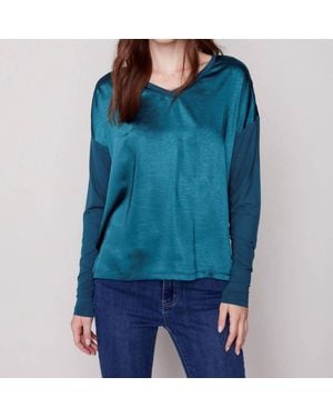 Charlie b Satin Jersey Basic Top In Emerald - Blue