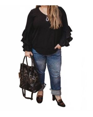 Ivy Jane Ruffled Sleeve V Neck Top - Black