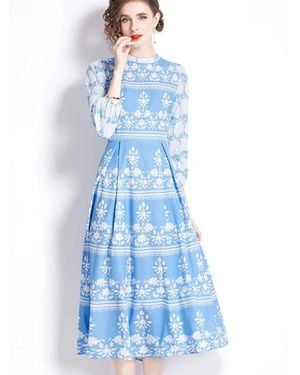 TRUEDAMES Vintage Willow Print Mandarin Collar Dress - Blue