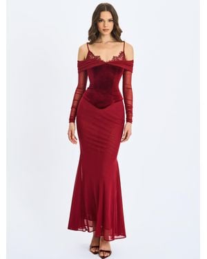 Miss Circle Maybelle Bardot Lace Strap Peplum Maxi Dress - Red