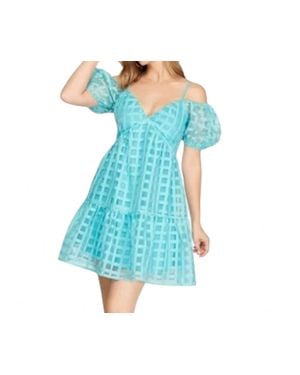 She + Sky Puff Sleeve Checker Organza Dress - Blue