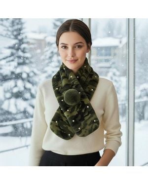 TRUEDAMES Pearl Embellished Faux Fur Pom Pom Pull Through Scarf - Green