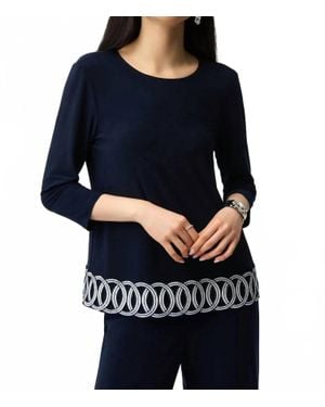 Joseph Ribkoff Scoop Neck Quarter Sleeves Guipure Hem Top - Blue