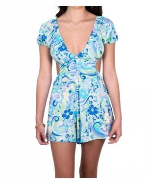 Sky To Moon Cutout Waist Swirl Print Romper - Blue