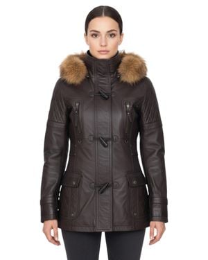 Infinity Leather Lamb Leather Quilted Parka Fur Hood Jacket- Duchess - Black