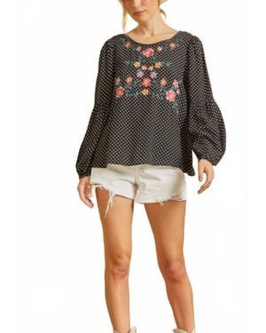 Savanna Jane Floral Embroidery Polka Dot Top - Black