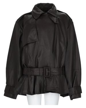 ROTATE BIRGER CHRISTENSEN Structured Silhouette Peplum Hem Lamb Leather Biker Jacket - Black