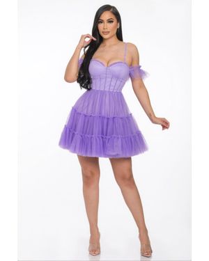 TRUEDAMES Off-The-Shoulder Puff Mini Dress - Purple