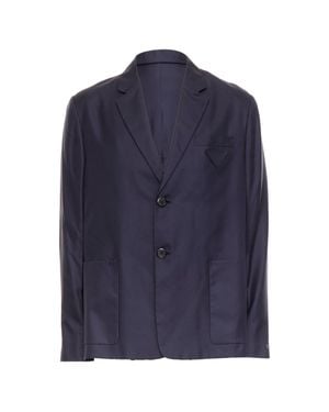 Prada Silk Tonal Triangle Patch Single Breasted Blazer - Blue