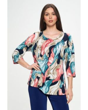 TRUEDAMES Hit Round Neck 3/4 Sleeve Slit Top - Blue