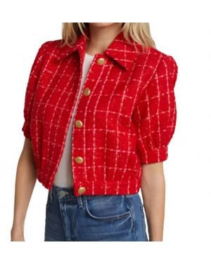 L'Agence Cropped Puff Sleeve Tweed Jacket - Red