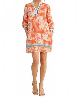 Jodifil Boho Scroll Print Shift Dress With Scallop Trim - Orange