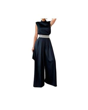 VividLux Wide Leg Turtleneck Fitted Waist Jumpsuit - Blue
