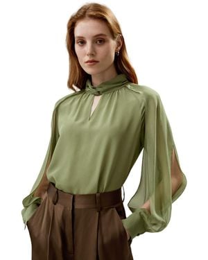 LILYSILK Side Slit Lantern Sleeve Silk Blouse For - Green