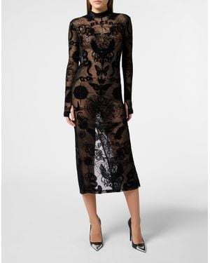 Philipp Plein Open Back Maxi Dress Flock Butterfly Tattoo - Black