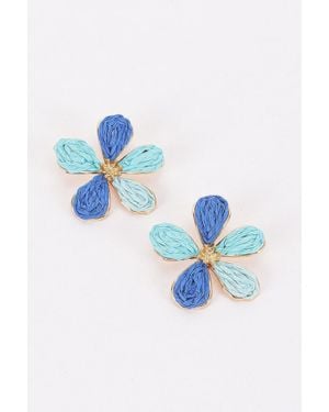 Fashnzfab Two-Tone Raffia Flower Stud Earrings - Blue
