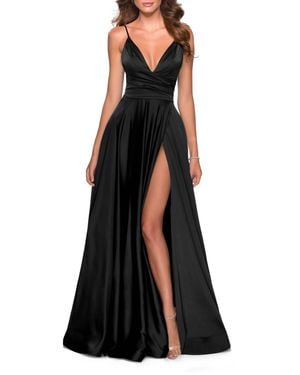 La Femme V Shaped Back Satin Ball Gown High Slit Dress - Black