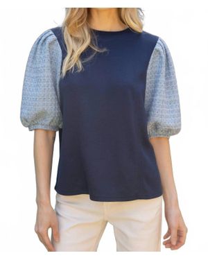 Voya Tweed Puff Sleeve Knit Top - Blue