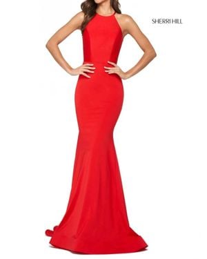 Sherri Hill Halter Jersey Open Back Ruched Gown Dress - Red