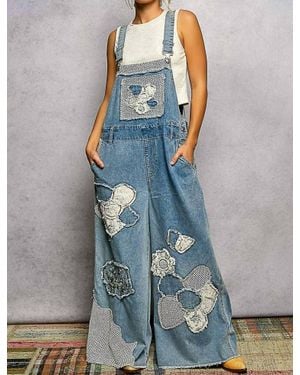 Pol Embroidery Patchwork Buckle Back Woven Denim Overalls - Blue