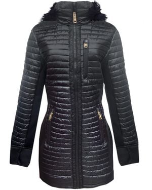 MICHAEL Michael Kors Quilted Mixed Media Faux Fur Hood 3/4 Coat - Black