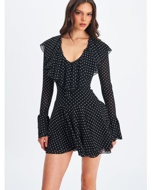 Miss Circle Omari Chiffon Polka Dot Ruffled Neckline Mini Dress - Black