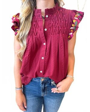 Thml Button Up Embroidery Flutter Sleeve Top - Red