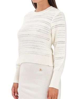 Akep Perforated Knit Crew Neck Sweater With Unique Bow Detail - White