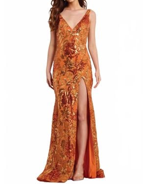 Jovani Plunge Neck Sequin Floral Fitted Gown - Orange