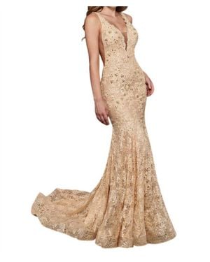 Rachel Allan Beaded Lace Prom Gown - Natural