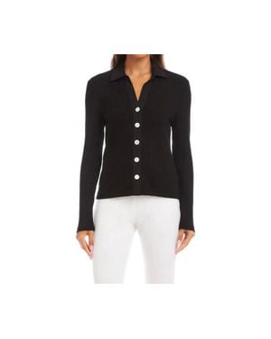 Karen Kane Raveen Ribbed Long Sleeve Button Front Top - Black