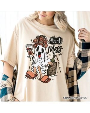 OrnamentallyYou Haunt Mess Wine-Loving Ghost T-Shirt - Natural