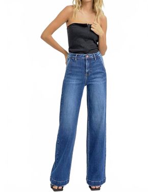 Risen High-Rise Wide-Leg Slanted Pocket Western Jeans - Blue