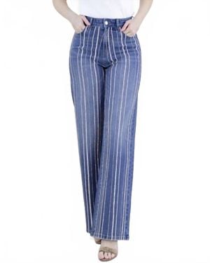 Original USA Pinstripe Rhinestone Embellished High Rise Ultra Wide Leg Jeans Plus - Blue