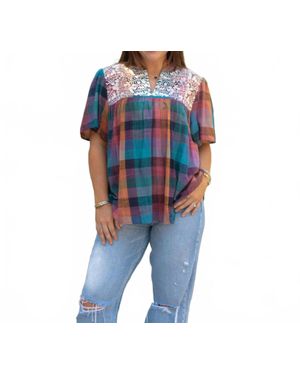 Layerz Clothing Micah Embroidered Plaid Top - Blue