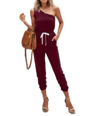 TRUEDAMES One Shoulder Sleeveless Elastic Waist Jumpsuit - Red