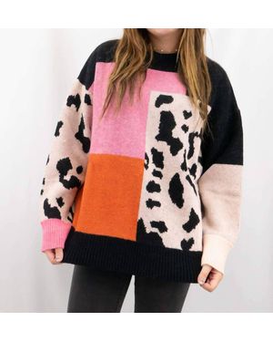 Anniewear Leopard Color Block Sweater - Pink