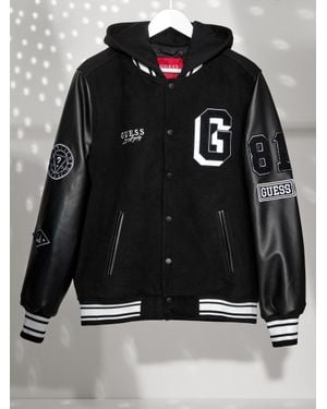 Guess Mark Hooded Varsity Jacket - Black