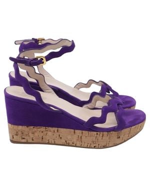 Prada Wavy Strap Accent Wedge Sandals - Purple