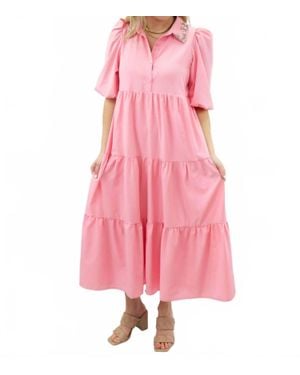 TCEC Jeweled Collar Midi Tiered Shirt Dress - Pink