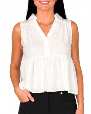 Doe And Rae Textured Cotton Collared Split V-Neck Sleeveless Top - White