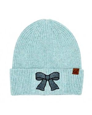 Fashion CITY Rhinestone Ribbon Bow Embellishment Beanie - Blue