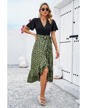 TRUEDAMES Cross Color Block Lace V Neck Belt Print Dress - Green