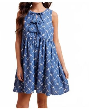 In-Loom Embroidered Bow Mini Dress - Blue