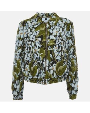 Blumarine Multicolor Floral Print Jacquard Zip-Up Bomber Jacket - Green